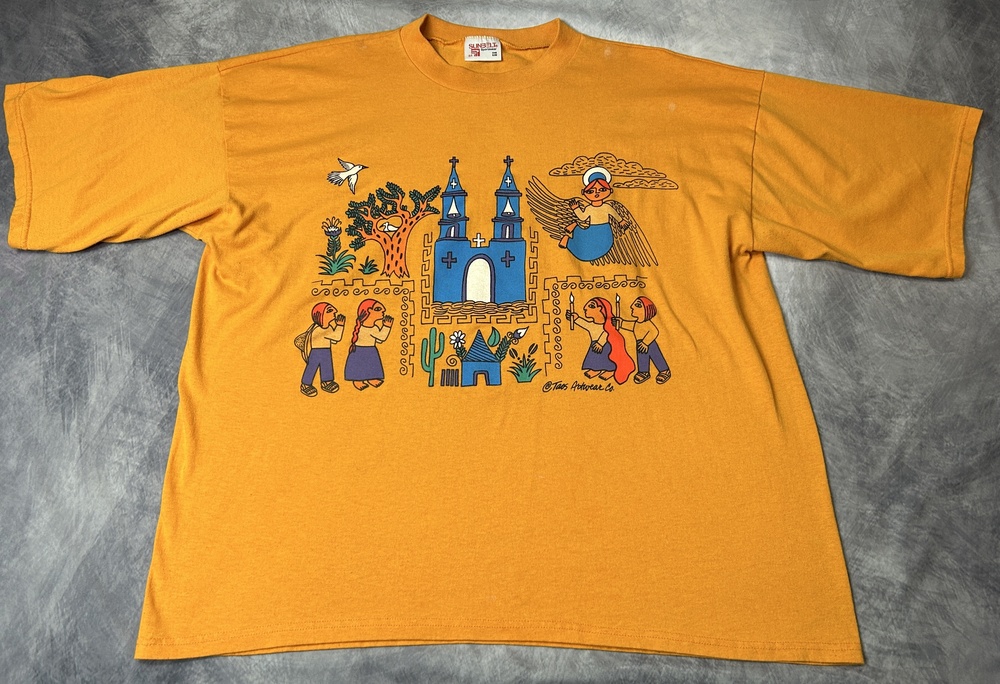 Vintage 80's Sunbelt Sportswear Shirt Teens One Size Yellow Taos Artwear Graphic